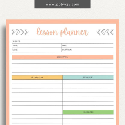 Lesson Planner Printable Template – Digital download for organizing and planning lessons, including objectives, activities, and assessments.