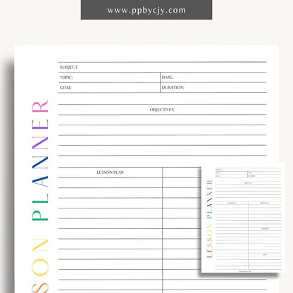 Lesson Planner Printable Template – Digital download for organizing and planning lessons, including objectives, activities, and assessments.