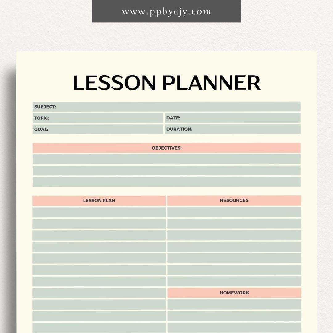 Lesson Planner Printable Template – Digital download for organizing and planning lessons, including objectives, activities, and assessments.