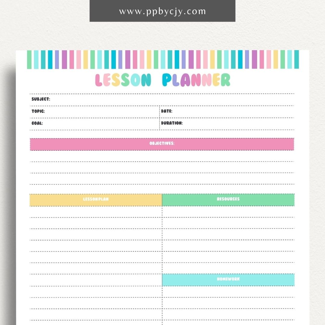 Lesson Planner Printable Template – Digital download for organizing and planning lessons, including objectives, activities, and assessments.