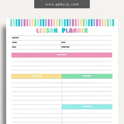 Lesson Planner Printable Template – Digital download for organizing and planning lessons, including objectives, activities, and assessments.