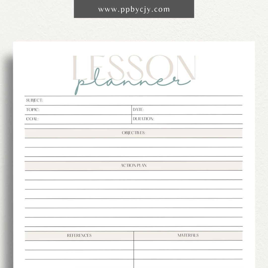 Lesson Plan Printable Template – Digital download for organizing and structuring lesson content, objectives, and activities.