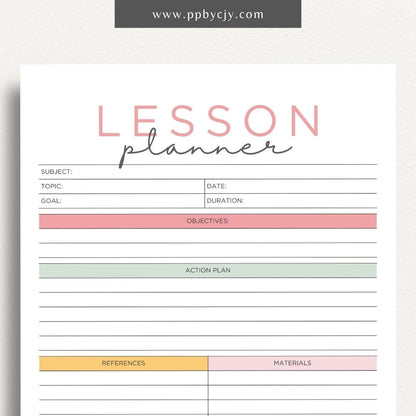 Lesson Plan Printable Template – Digital download for organizing and structuring lesson content, objectives, and activities.