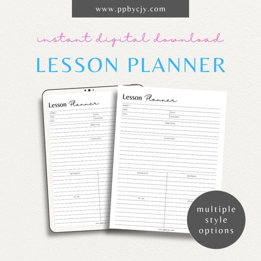 Lesson Plan Printable Template – Digital download for organizing and structuring lesson content, objectives, and activities.