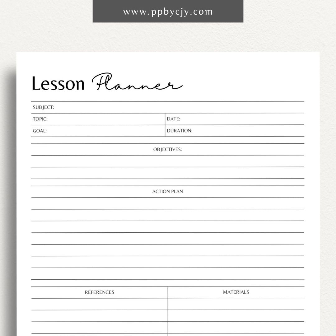 Lesson Plan Printable Template – Digital download for organizing and structuring lesson content, objectives, and activities.