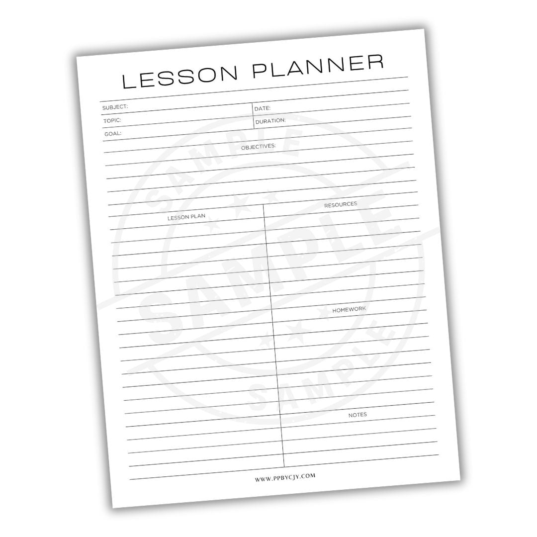 Lesson planner sheet with columns for subject, date, duration, lesson plan, resources, homework, and notes.