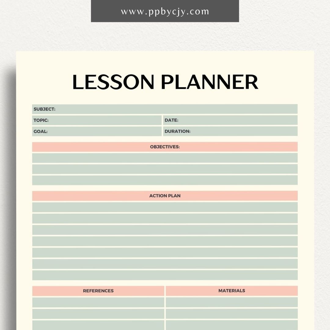 Lesson Plan Printable Template – Digital download for organizing and structuring lesson content, objectives, and activities.