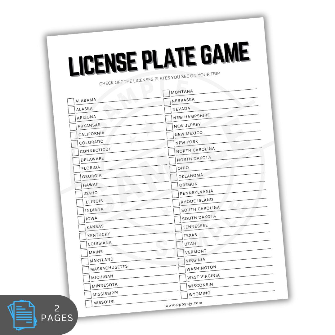 License plate game sheet with list of U.S. states on a white background