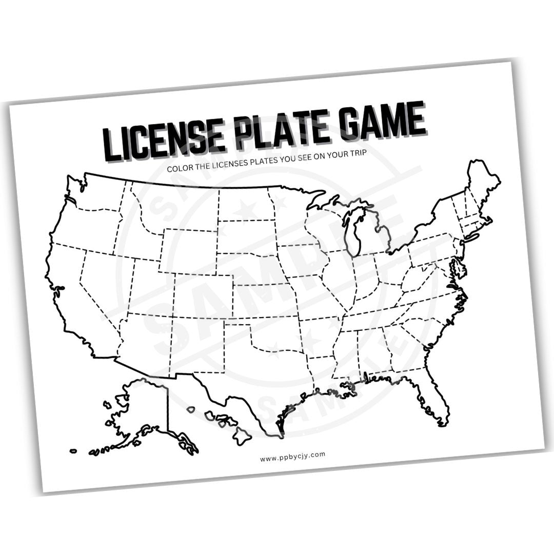 Map of the United States with 'License Plate Game' text at the top