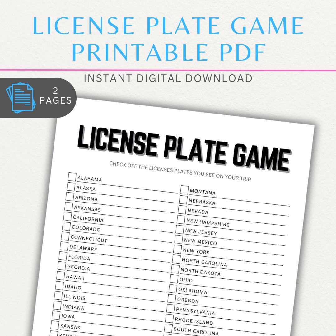 License Plate Game Printable PDF Template for road trips, featuring a U.S. state checklist for interactive travel fun.

