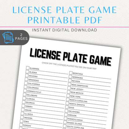 License Plate Game Printable PDF Template for road trips, featuring a U.S. state checklist for interactive travel fun.

