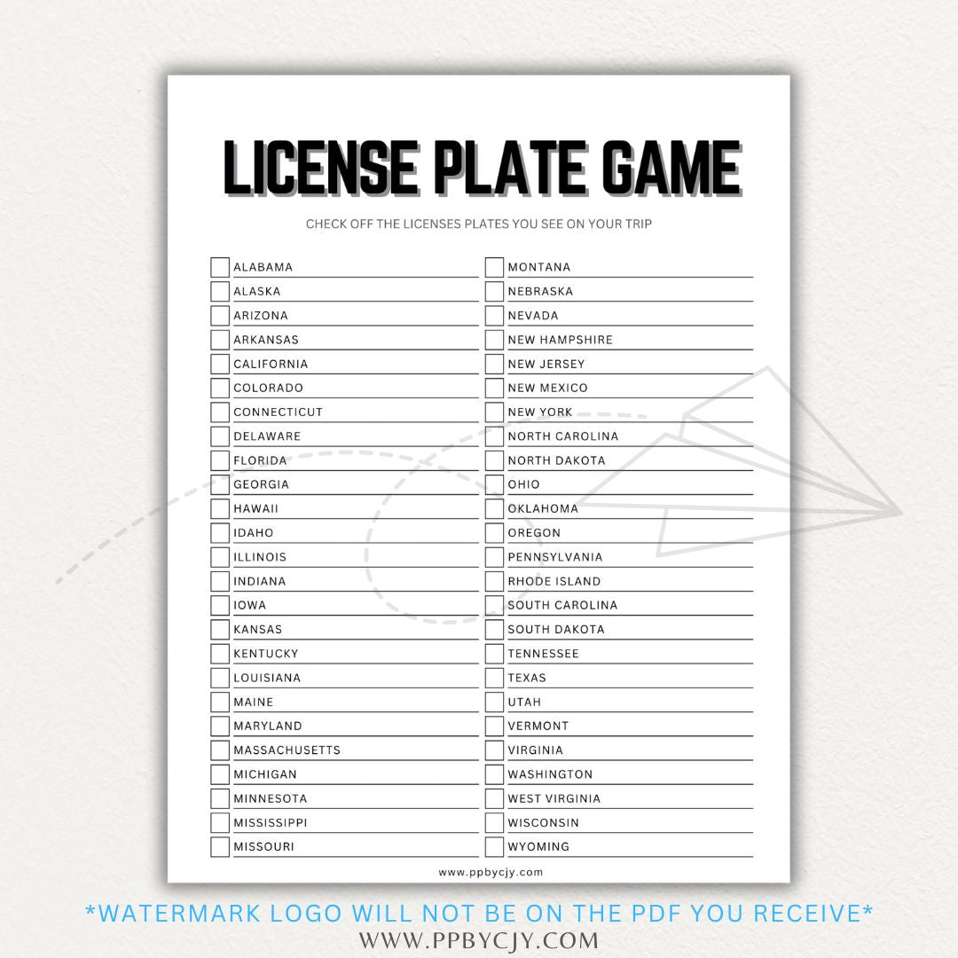 License Plate Game Printable PDF Template for road trips, featuring a U.S. state checklist for interactive travel fun.

