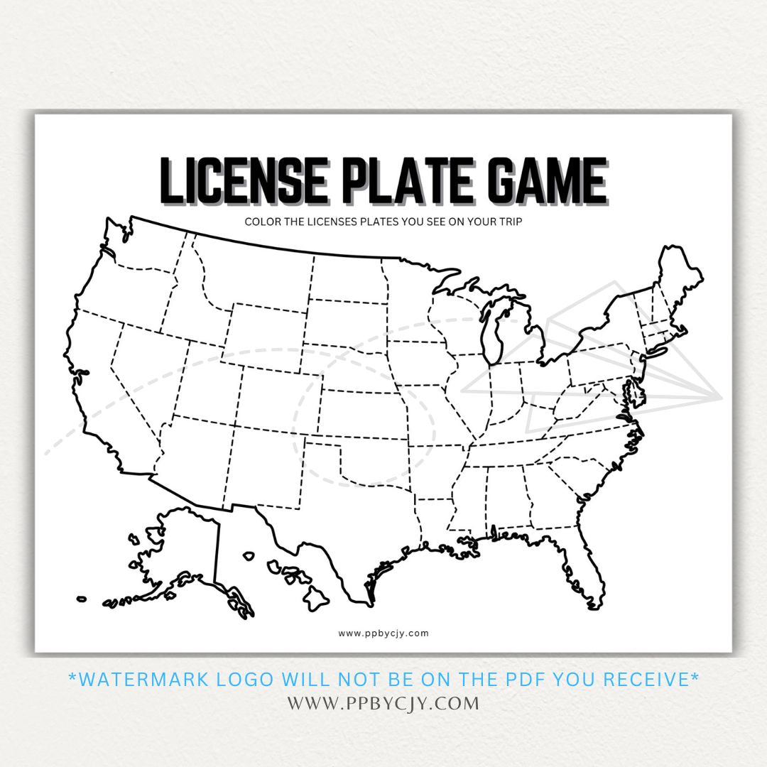 License Plate Game Printable PDF Template for road trips, featuring a U.S. state checklist for interactive travel fun.

