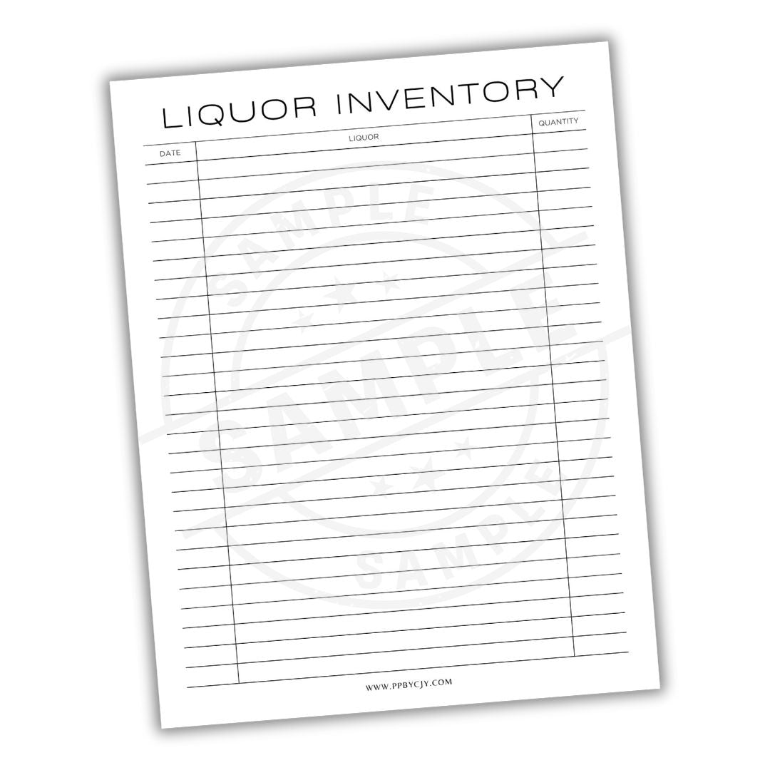 Liquor inventory sheet with columns for date, liquor name, and quantity on a white background.