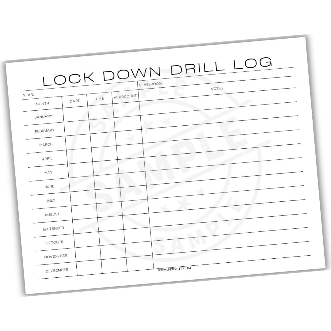 Lock down drill log sheet with a grid layout on a white background