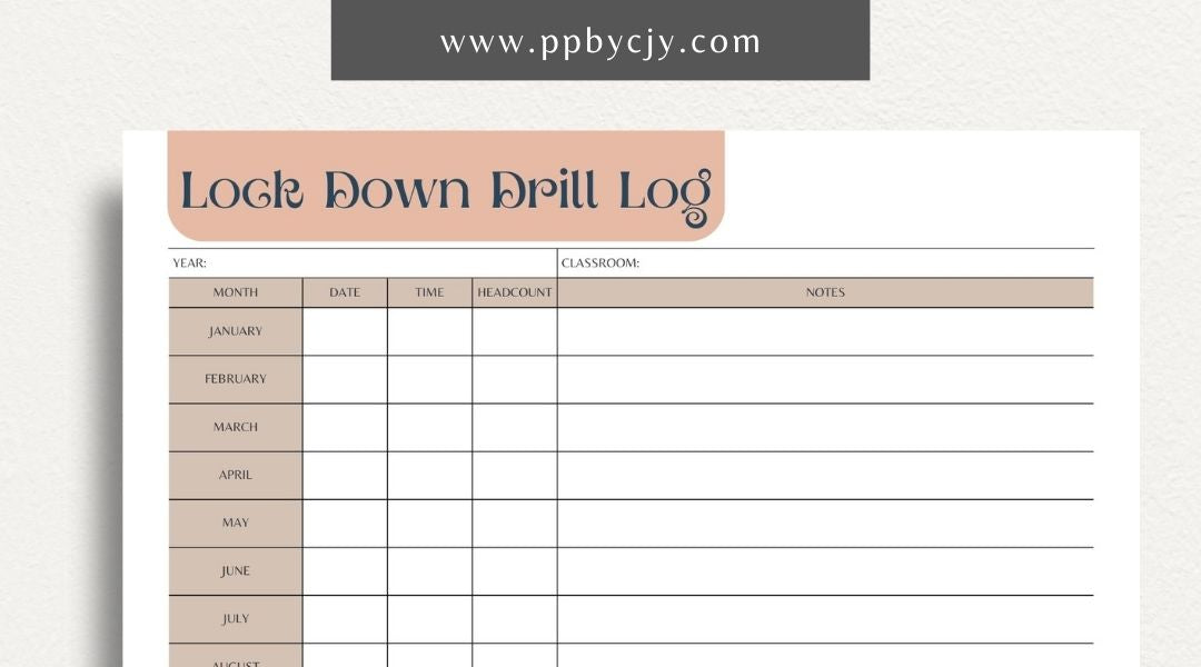 Lockdown Drill Log Printable Template – Digital download for recording and tracking details of lockdown drills, including dates, participants, and outcomes.