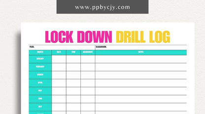 Lockdown Drill Log Printable Template – Digital download for recording and tracking details of lockdown drills, including dates, participants, and outcomes.