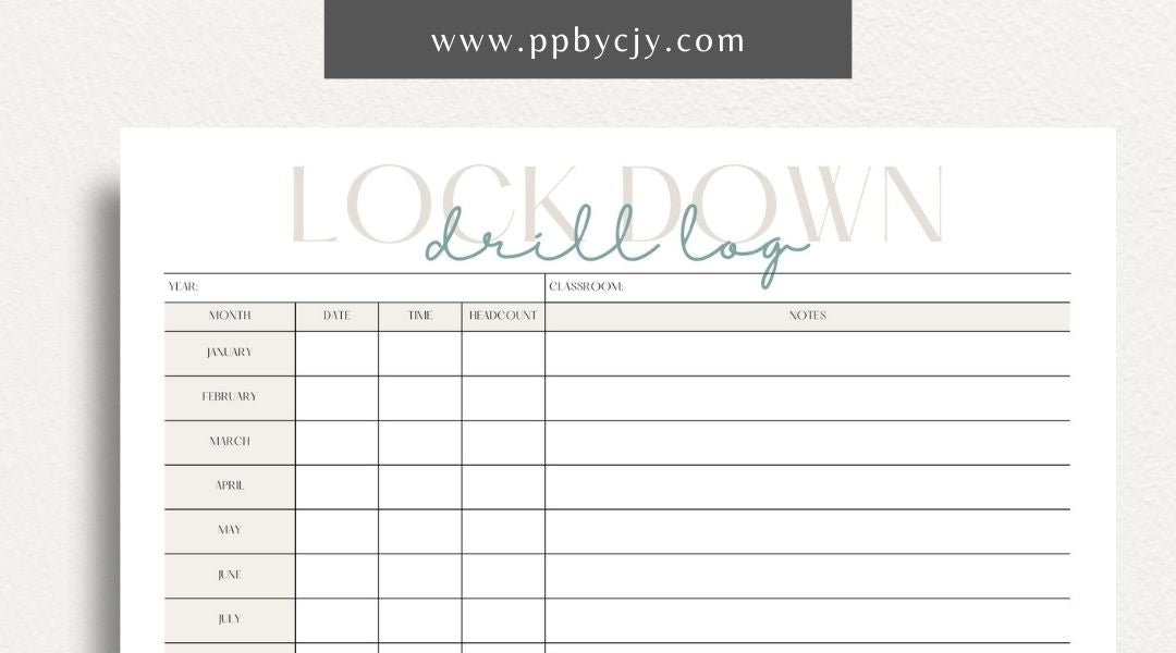 Lockdown Drill Log Printable Template – Digital download for recording and tracking details of lockdown drills, including dates, participants, and outcomes.