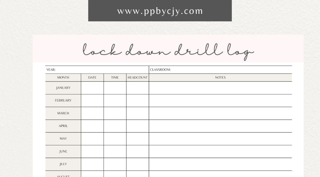 Lockdown Drill Log Printable Template – Digital download for recording and tracking details of lockdown drills, including dates, participants, and outcomes.