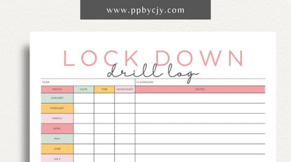 Lockdown Drill Log Printable Template – Digital download for recording and tracking details of lockdown drills, including dates, participants, and outcomes.