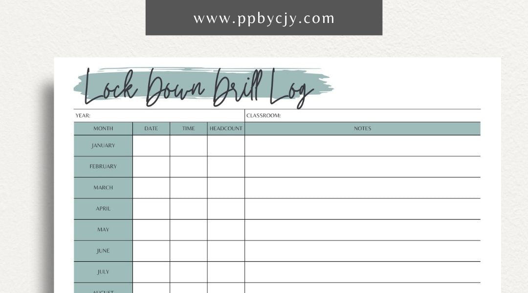 Lockdown Drill Log Printable Template – Digital download for recording and tracking details of lockdown drills, including dates, participants, and outcomes.