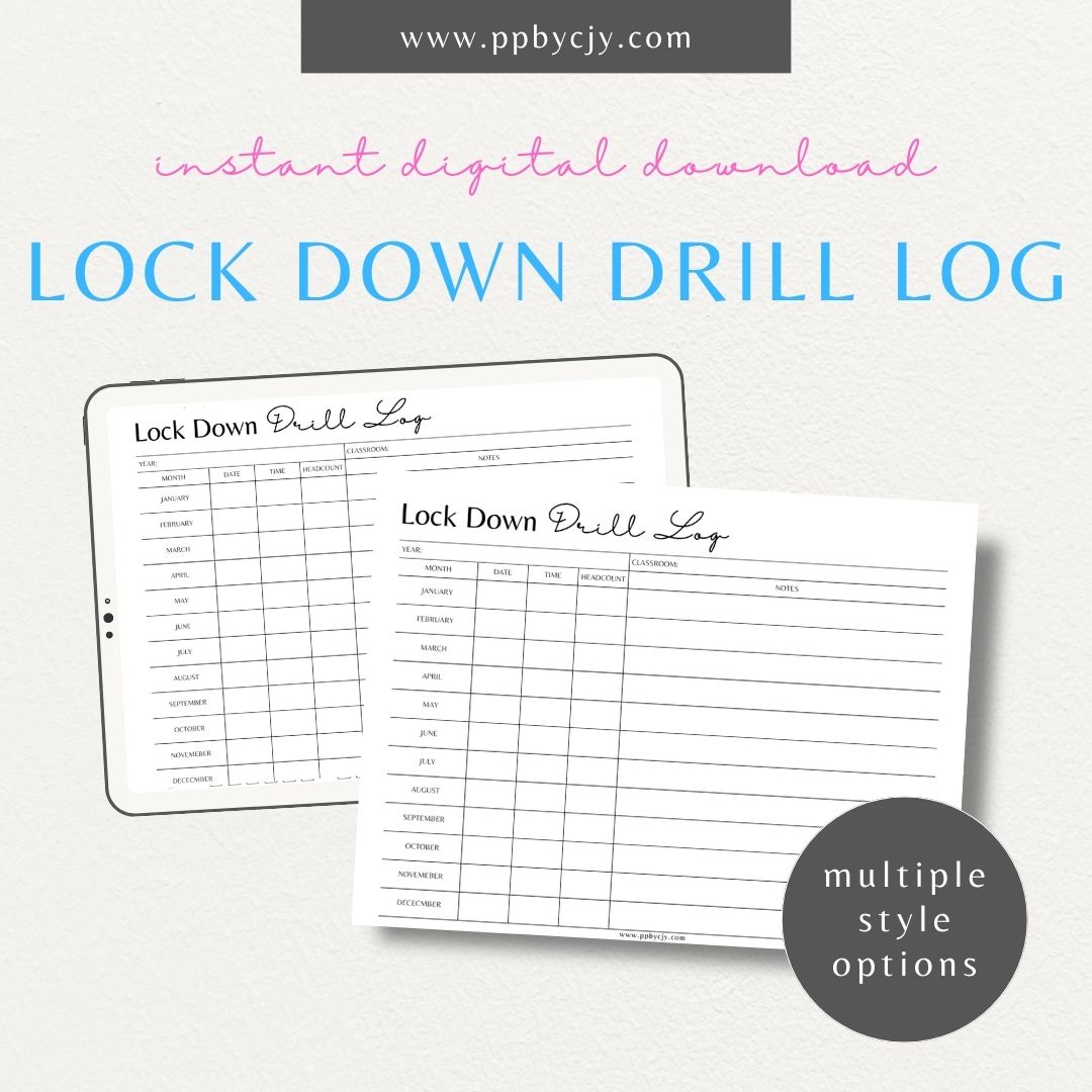 Lockdown Drill Log Printable Template – Digital download for recording and tracking details of lockdown drills, including dates, participants, and outcomes.