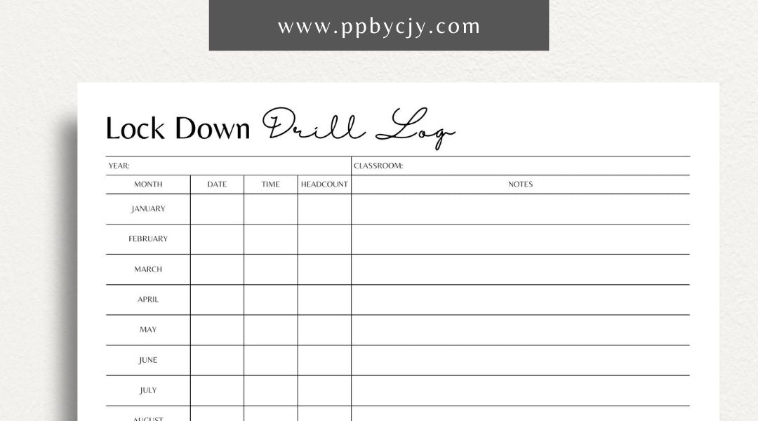 Lockdown Drill Log Printable Template – Digital download for recording and tracking details of lockdown drills, including dates, participants, and outcomes.