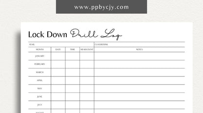 Lockdown Drill Log Printable Template – Digital download for recording and tracking details of lockdown drills, including dates, participants, and outcomes.