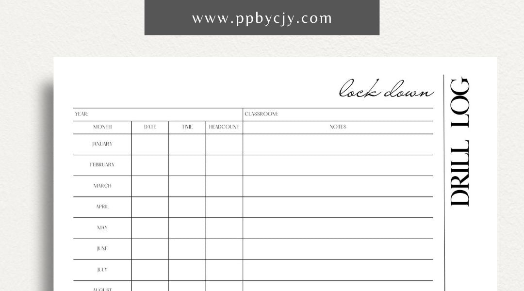 Lockdown Drill Log Printable Template – Digital download for recording and tracking details of lockdown drills, including dates, participants, and outcomes.