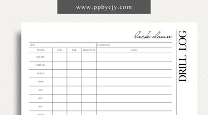 Lockdown Drill Log Printable Template – Digital download for recording and tracking details of lockdown drills, including dates, participants, and outcomes.