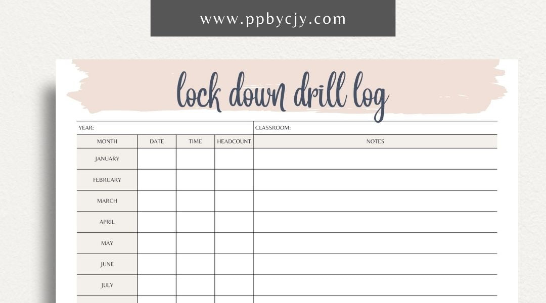 Lockdown Drill Log Printable Template – Digital download for recording and tracking details of lockdown drills, including dates, participants, and outcomes.