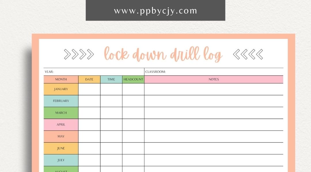 Lockdown Drill Log Printable Template – Digital download for recording and tracking details of lockdown drills, including dates, participants, and outcomes.