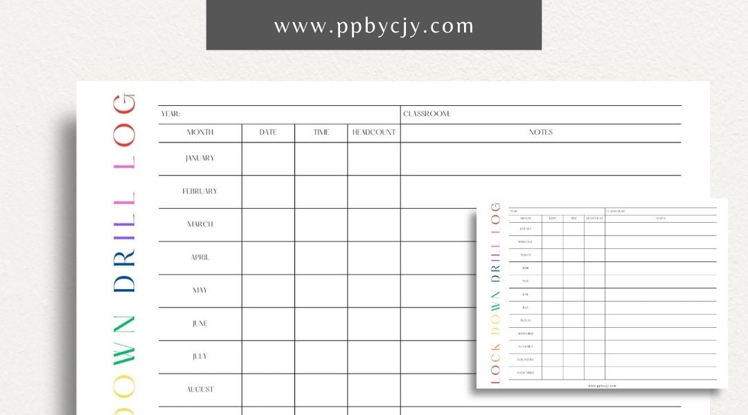 Lockdown Drill Log Printable Template – Digital download for recording and tracking details of lockdown drills, including dates, participants, and outcomes.