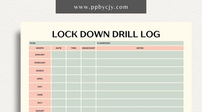 Lockdown Drill Log Printable Template – Digital download for recording and tracking details of lockdown drills, including dates, participants, and outcomes.