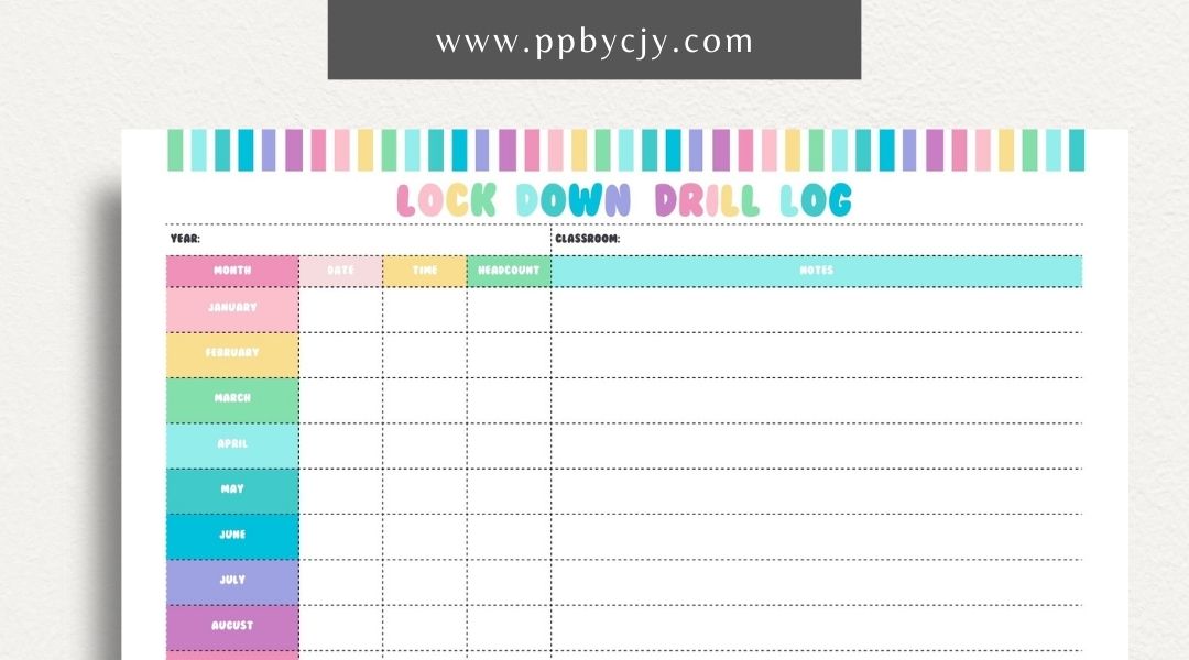 Lockdown Drill Log Printable Template – Digital download for recording and tracking details of lockdown drills, including dates, participants, and outcomes.