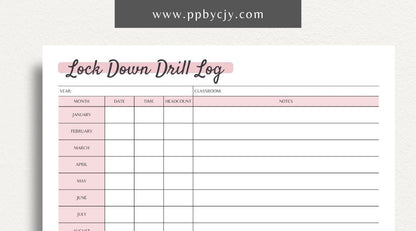 Lockdown Drill Log Printable Template – Digital download for recording and tracking details of lockdown drills, including dates, participants, and outcomes.