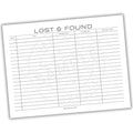 Lost and found sheet with columns for date, item, claimed by, and contact info.