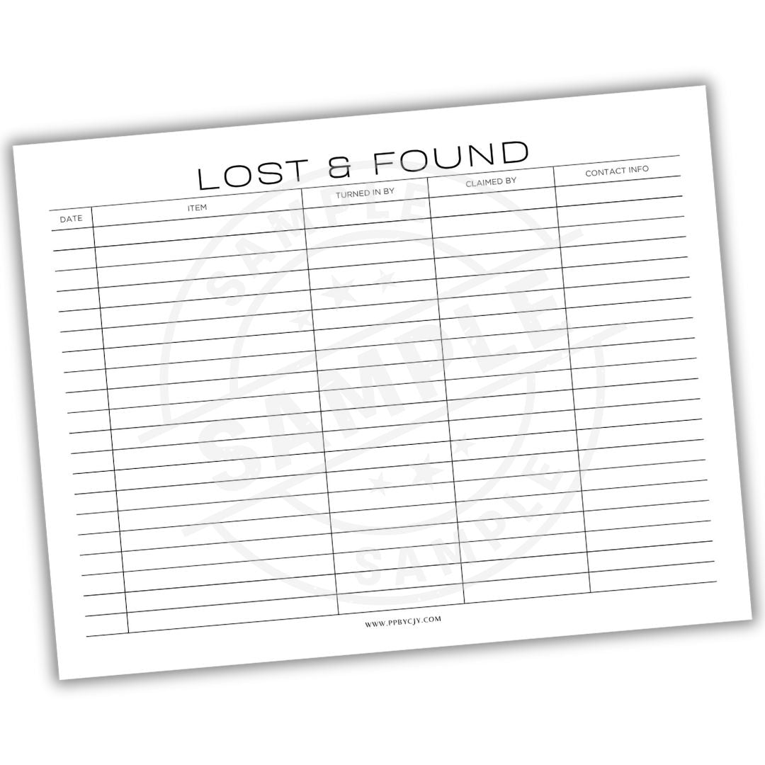 Lost and found sheet with columns for date, item, claimed by, and contact info.