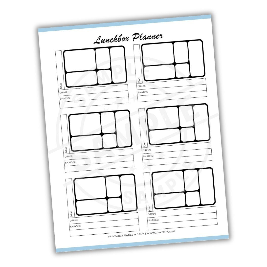 Lunchbox planner sheet with multiple lunch box layout templates on a white background.