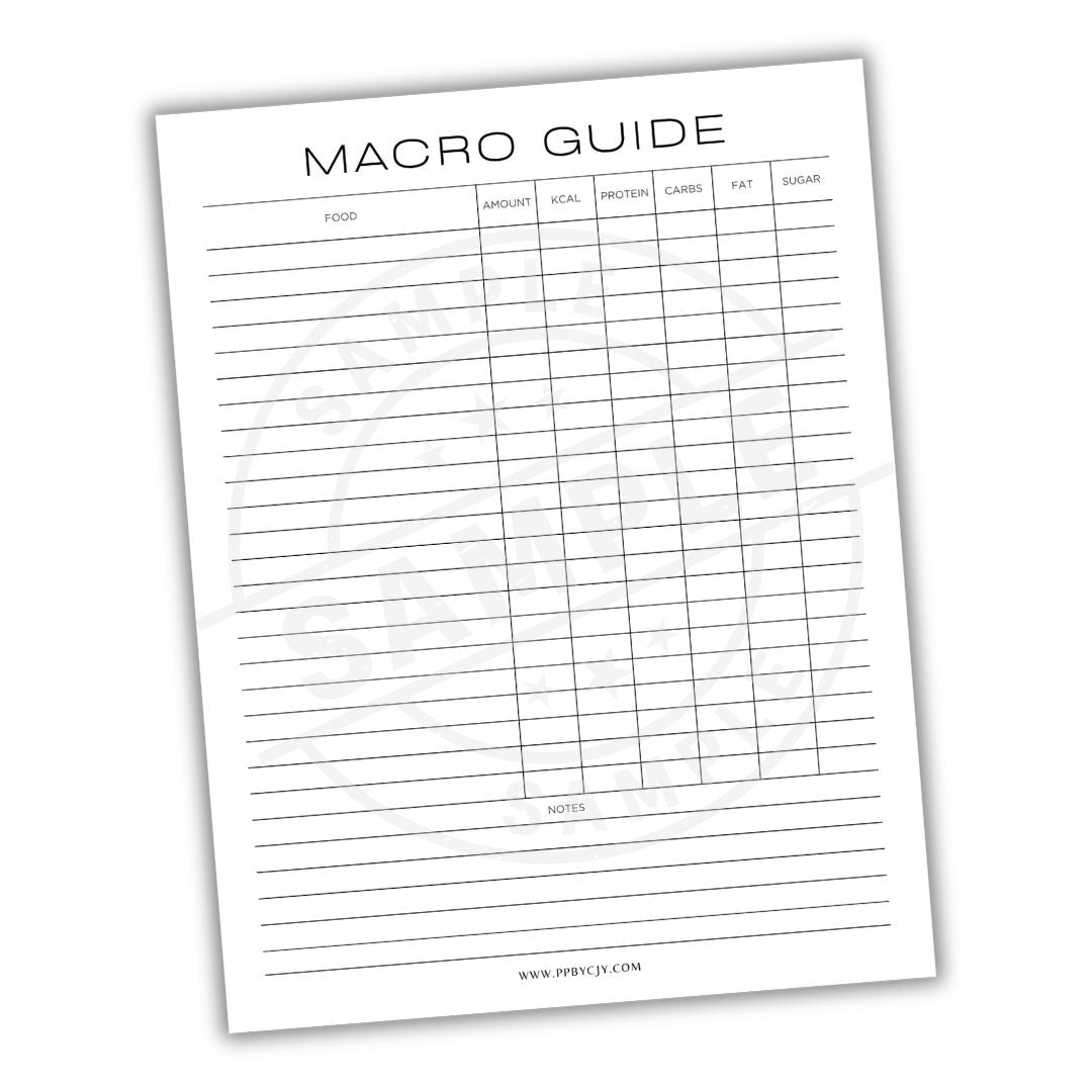 Macro Guide sheet with columns for food, calories, protein, carbs, fat, and sugar on a white background.