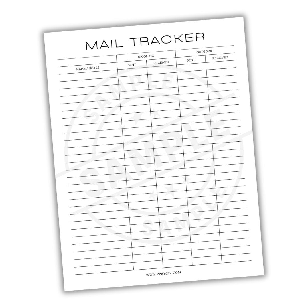 Mail tracker sheet with columns for name, notes, incoming, received, outgoing, and rent received on a white background.