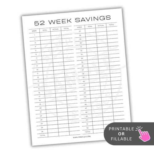 52 Week Savings tracker sheet with columns for week, goal, actual, and total on a white background.