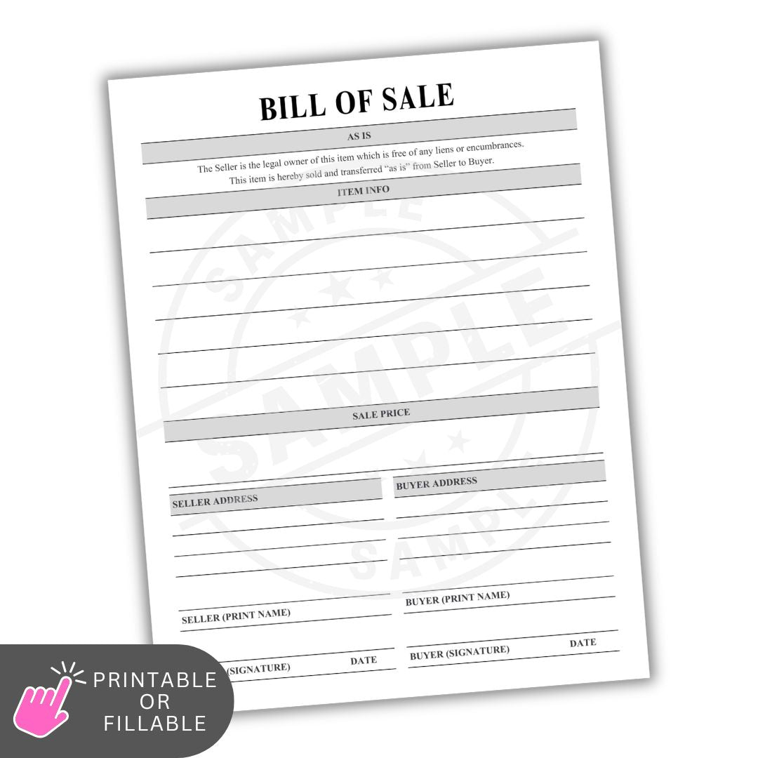 Bill of sale form on a white background with a pink hand icon and text.