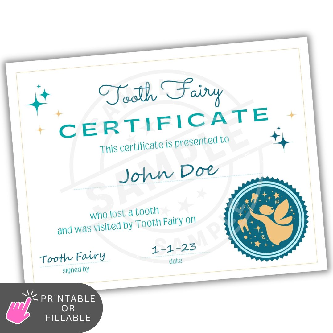 Blue Tooth Fairy Certificate Printable – Editable Fillable Award with Seal