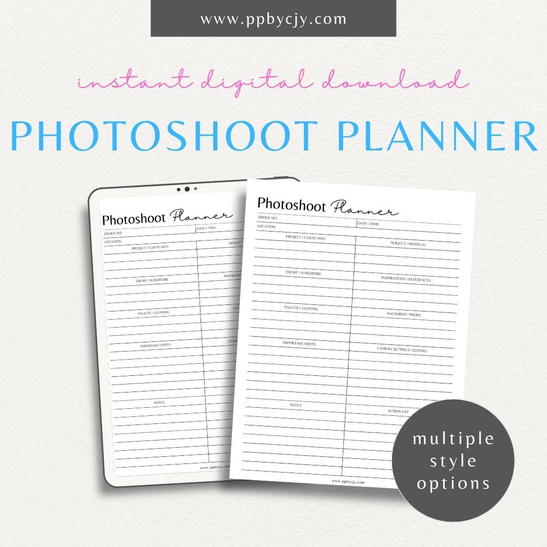 Photoshoot Planner Printable Template – Digital download for organizing and planning photography sessions, shot lists, schedules, and equipment"