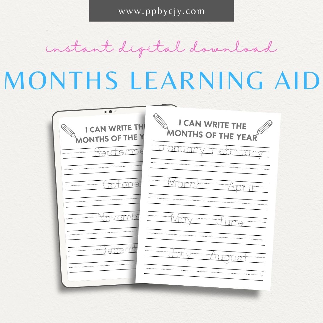 Months of the Year Learning Worksheet Printable Template – Digital download for teaching and reinforcing the names and order of the months of the year.