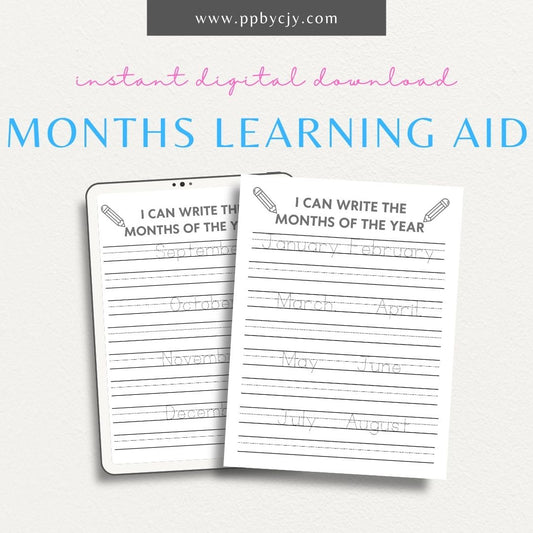 Months of the Year Learning Worksheet Printable Template – Digital download for teaching and reinforcing the names and order of the months of the year.