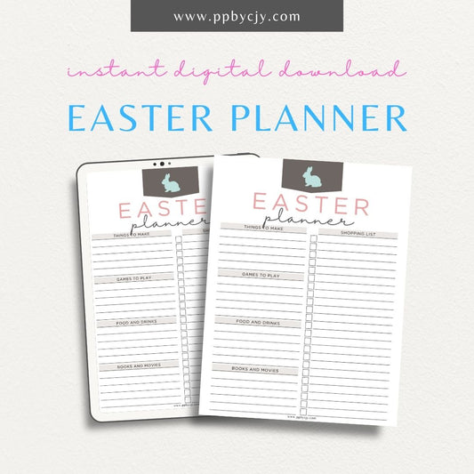 Easter Party Planner Printable Template – Digital Download for Organizing Your Holiday Celebration with sections for guest lists, decorations, activities, menu, and timelines.