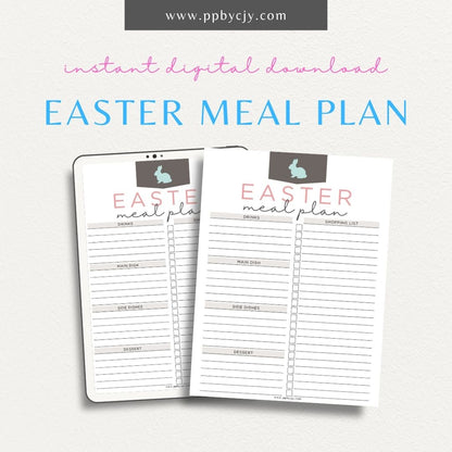 printable template page with columns and rows related to Easter meal planning