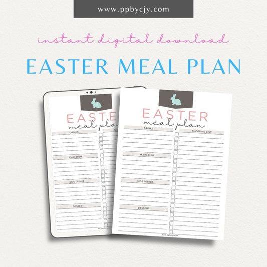 Easter Meal Planner Printable Template – Digital Download for Organizing Holiday Meals with sections for menu planning, ingredients, shopping lists, and preparation timelines.